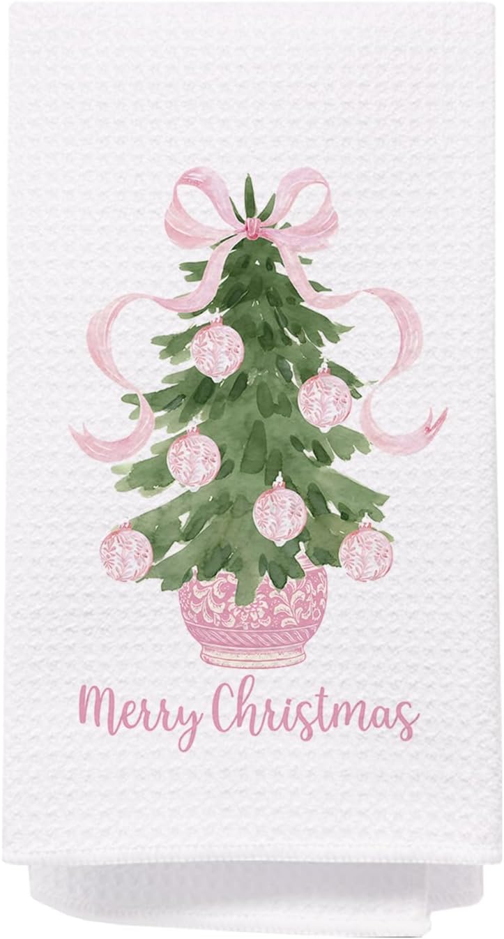 SPBL&L Merry Chinoiserie Christmas Kitchen Towels, Pink Bow Tree Decorative Hand Towels for Bathroom, Dish Towels, Kitchen Bathroom Decor, 16x24 Inch - Image 1